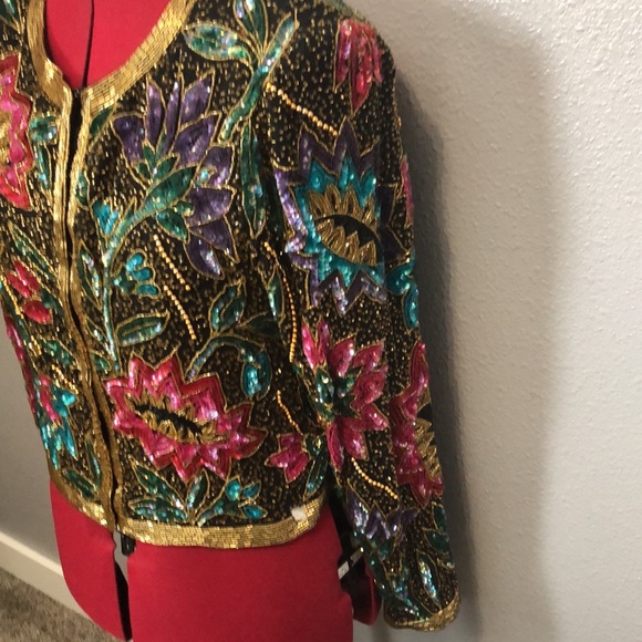 NWT Vintage Night Vogue Evening Jacket S 100 Silk Pearl Beads Sequins sparkling - Picture 4 of 16